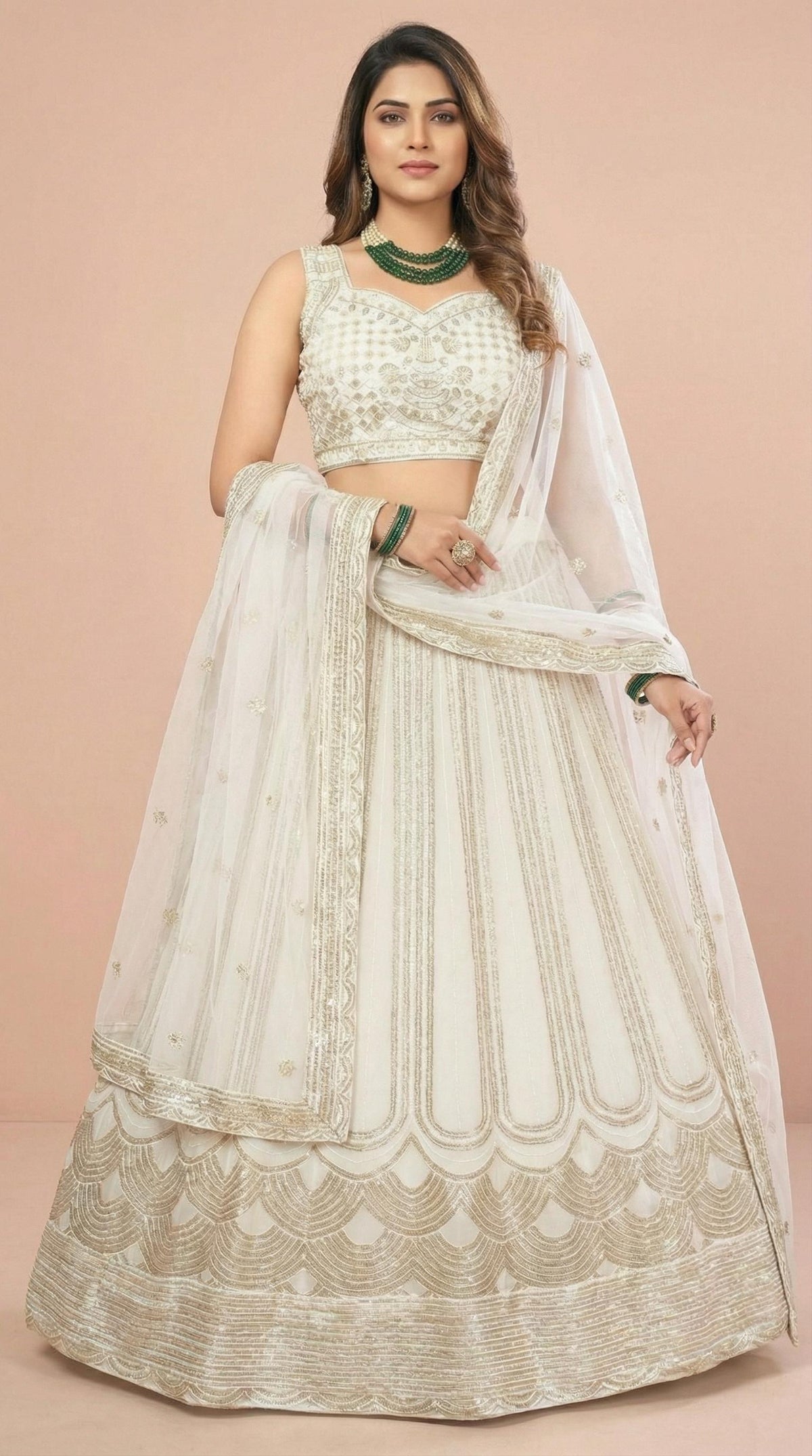 Off-White Embroidered Georgette Lehenga Choli Set