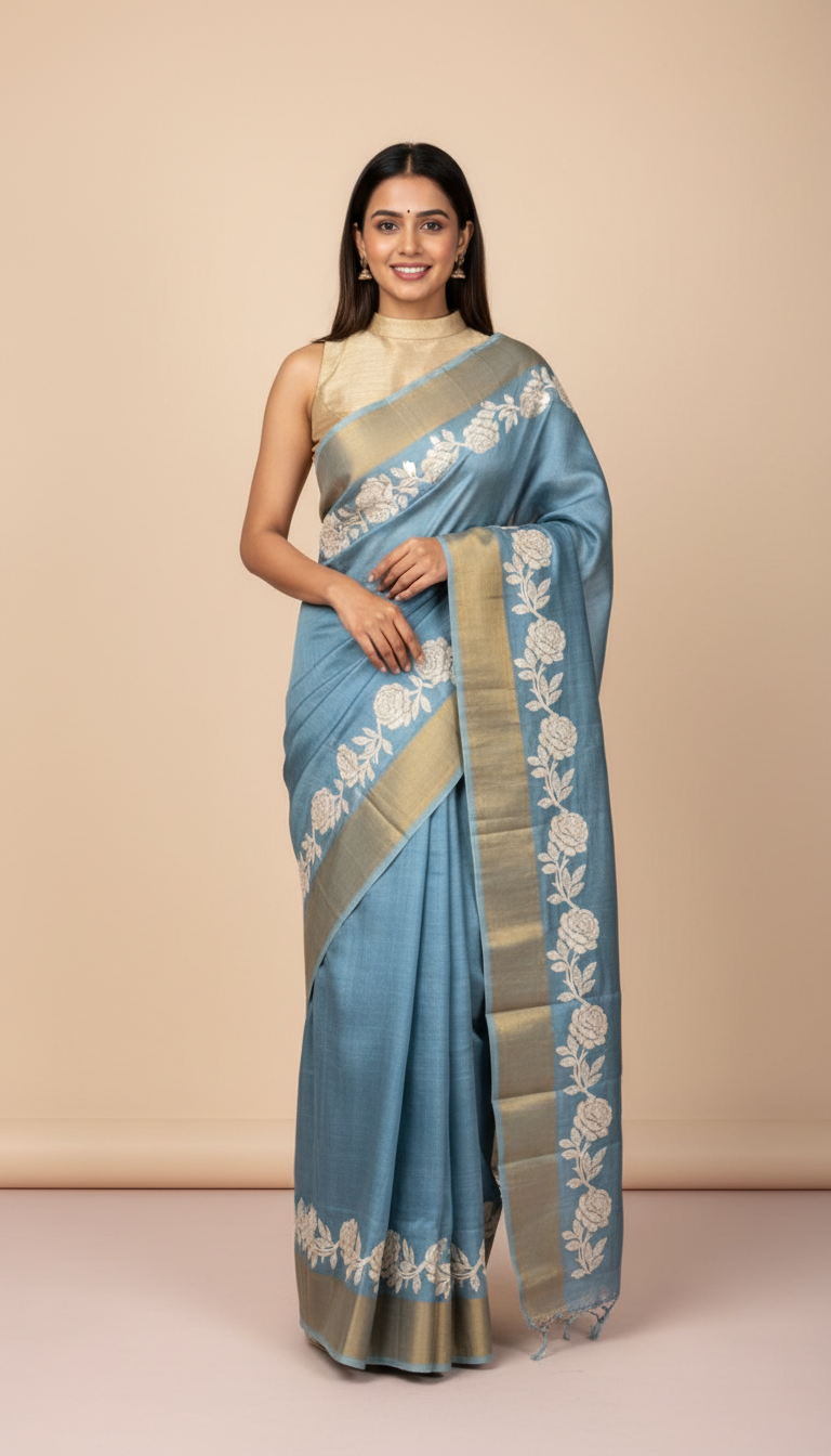 Bhagalpuri Tussar Silk Saree with Floral Rose Border