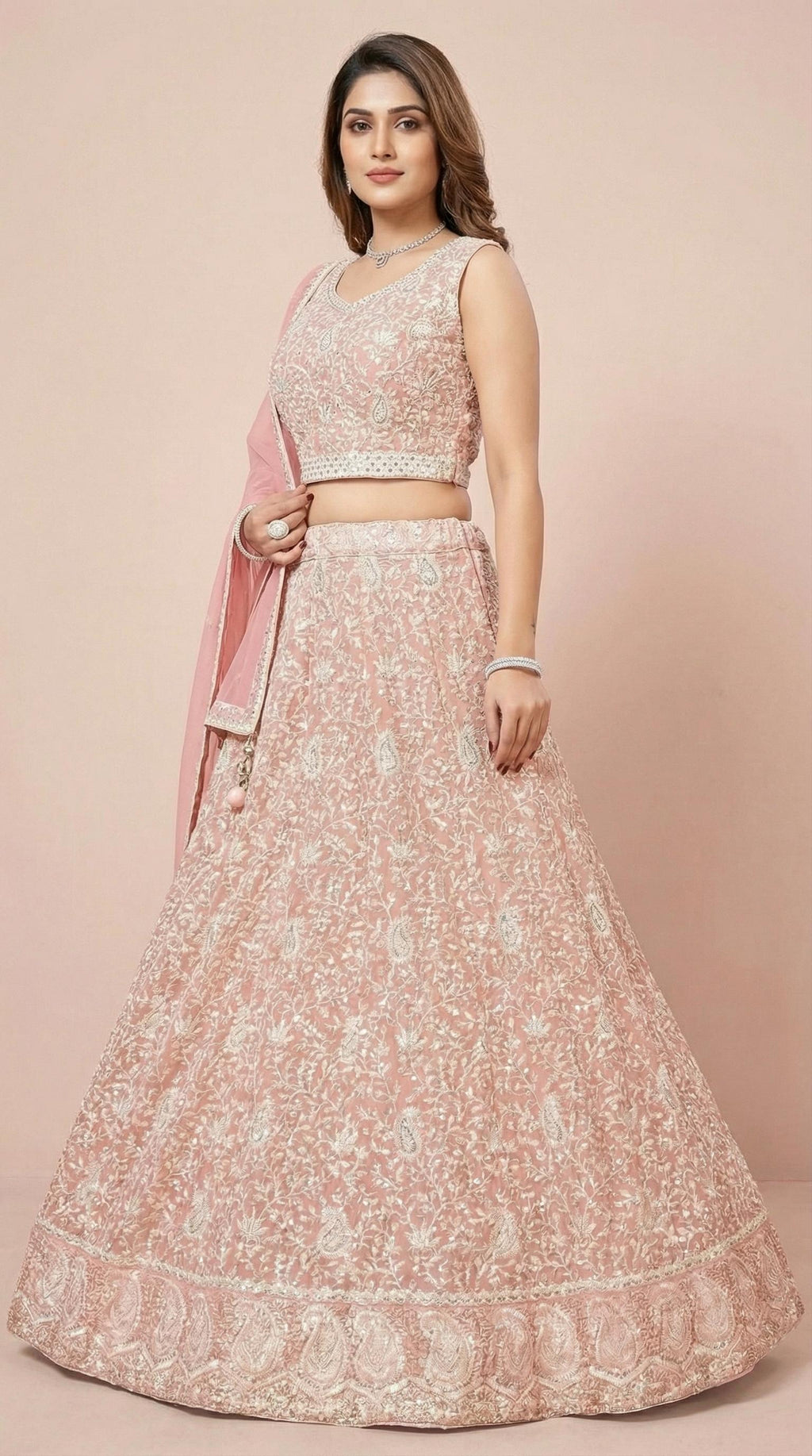 Pastel Peach Heavy Embroidered Festive Lehenga Set