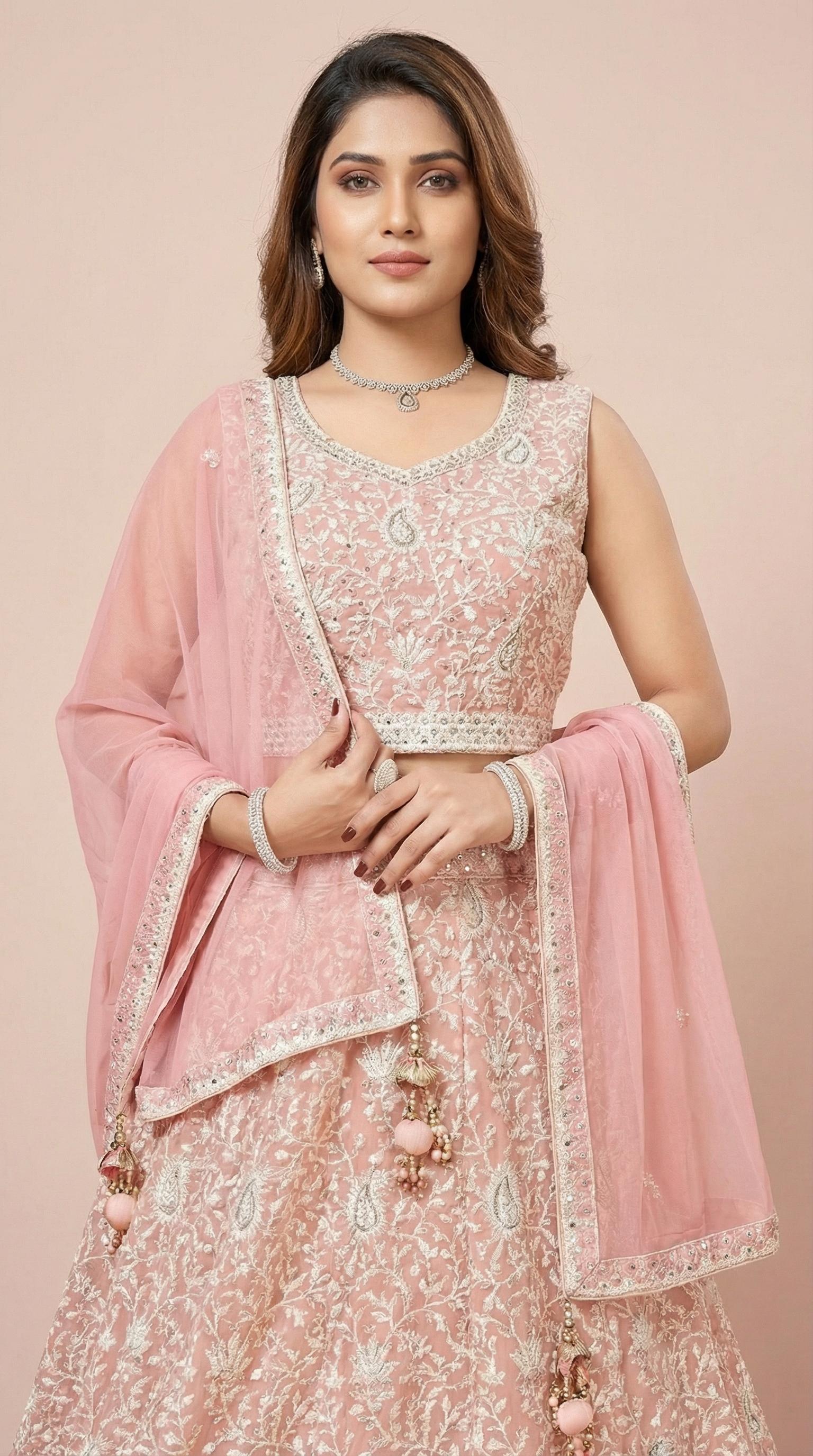 Pastel Peach Heavy Embroidered Festive Lehenga Set