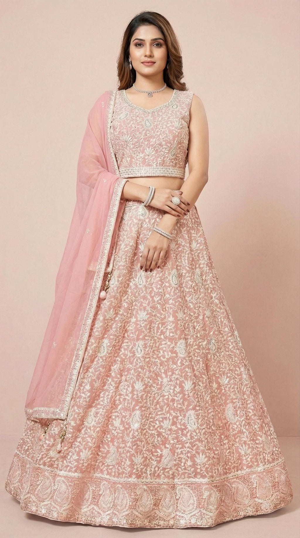 Pastel Peach Heavy Embroidered Festive Lehenga Set