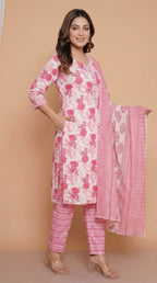Ensemble Kurta en coton rose fleuri avec pantalon chevron et dupatta