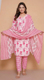 Ensemble Kurta en coton rose fleuri avec pantalon chevron et dupatta