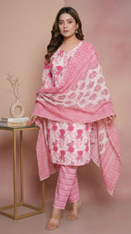 Ensemble Kurta en coton rose fleuri avec pantalon chevron et dupatta