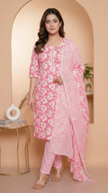 Ensemble Kurta en Coton Rose Fleuri avec Pantalon Géométrique