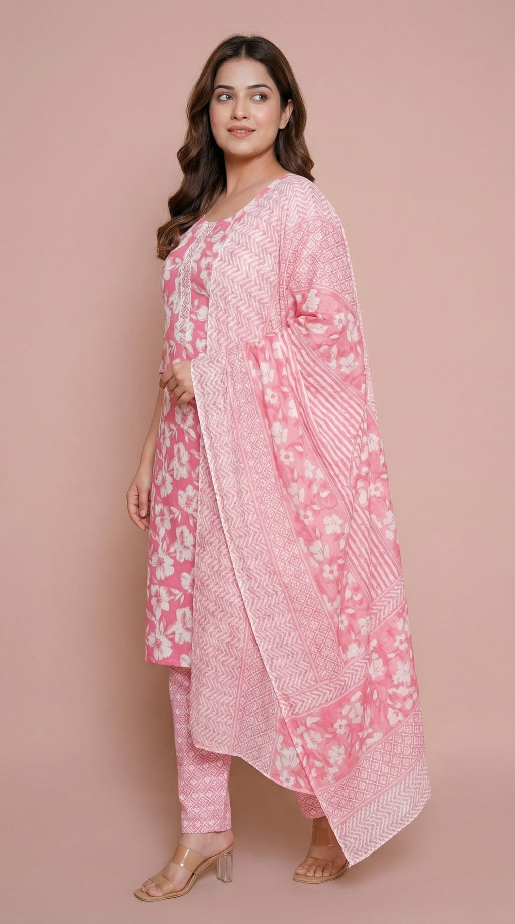 Ensemble Kurta en Coton Rose Fleuri avec Pantalon Géométrique