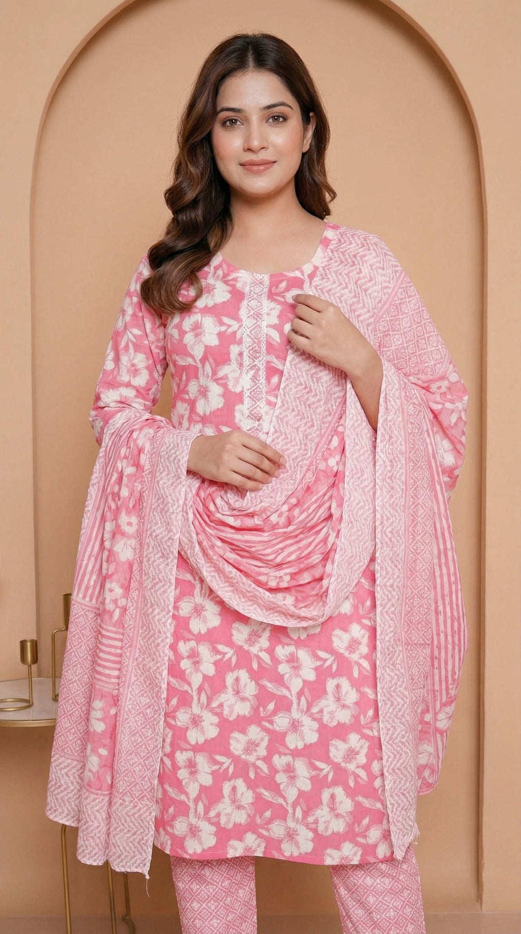 Ensemble Kurta en Coton Rose Fleuri avec Pantalon Géométrique