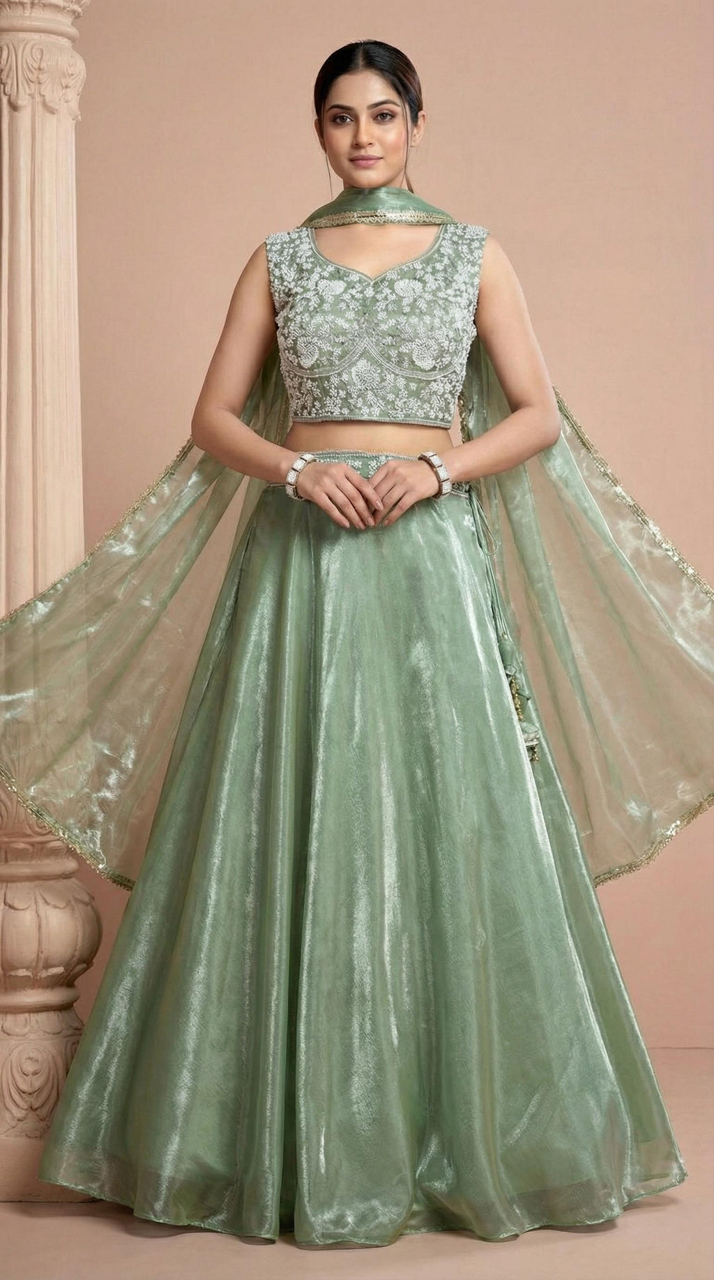 Pistachio Jimmy Choo Pearl Embroidered Lehenga Choli Set