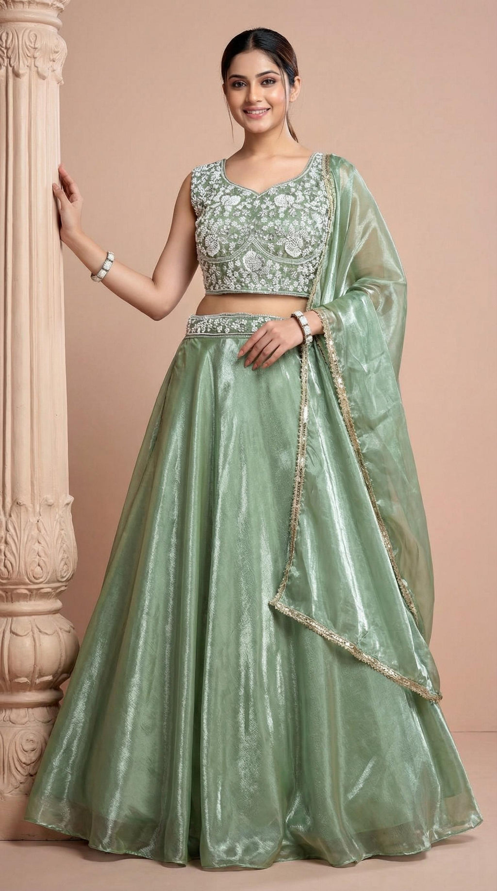 Pistachio Jimmy Choo Pearl Embroidered Lehenga Choli Set