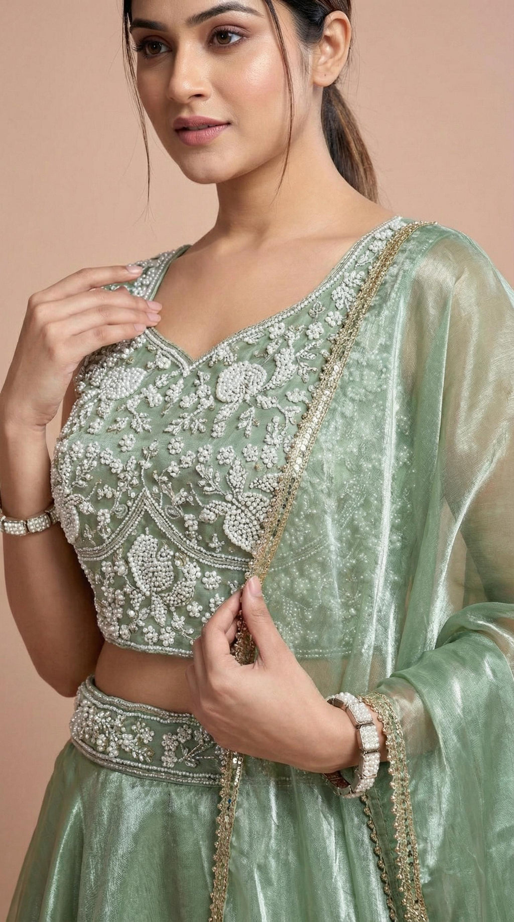 Pistachio Jimmy Choo Pearl Embroidered Lehenga Choli Set