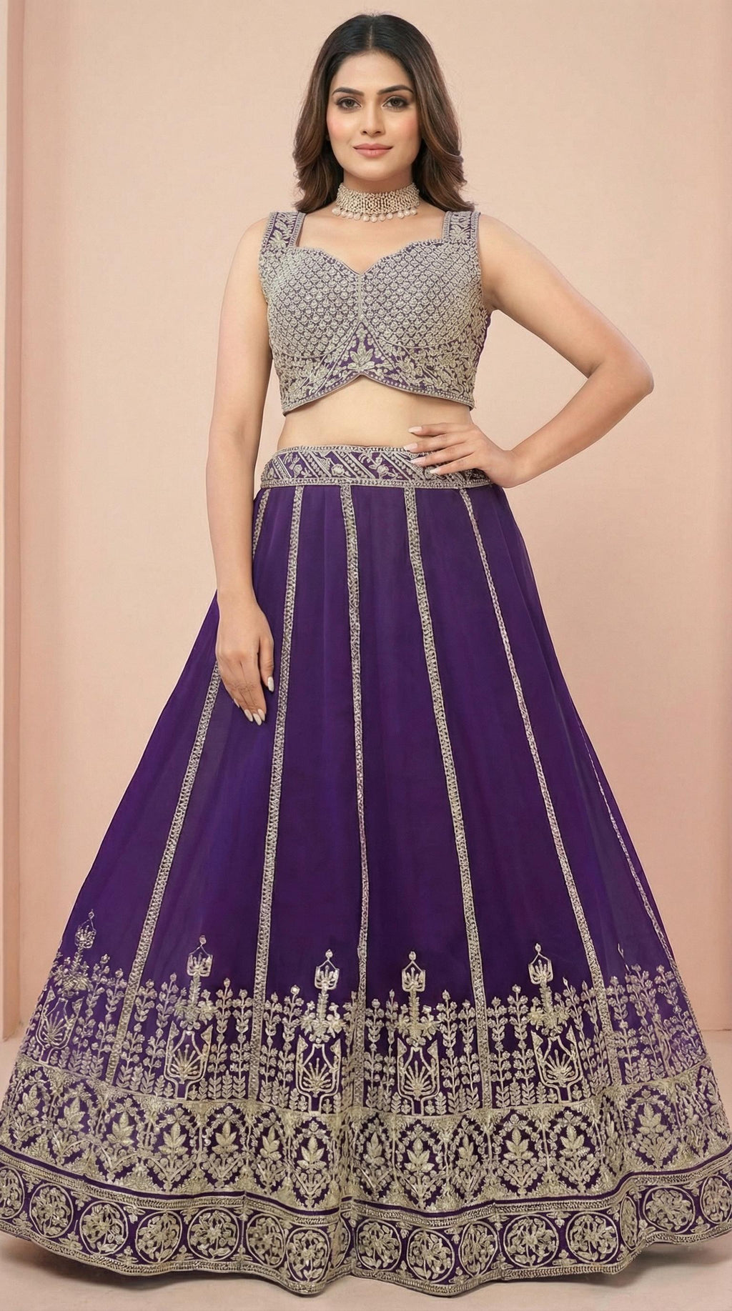 Royal Purple Georgette Embroidered Lehenga Choli Set