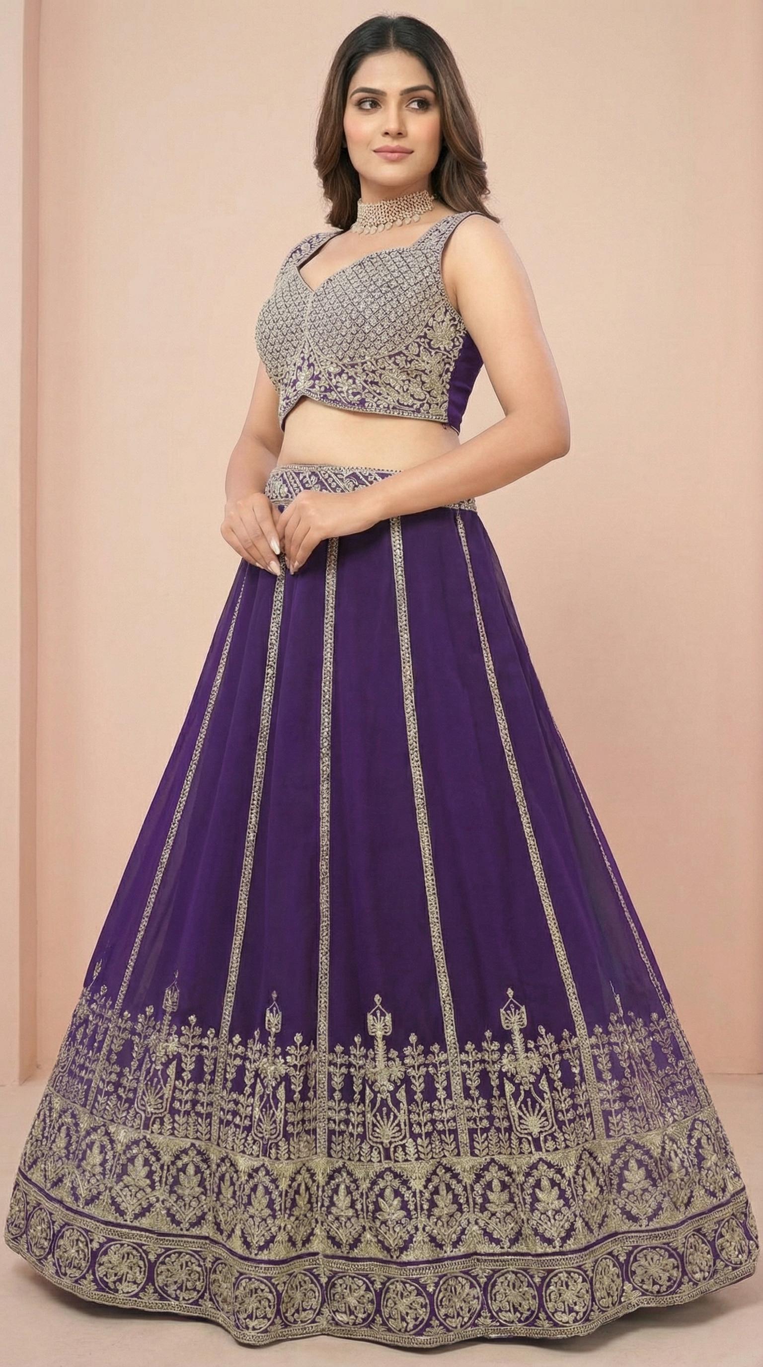 Royal Purple Georgette Embroidered Lehenga Choli Set