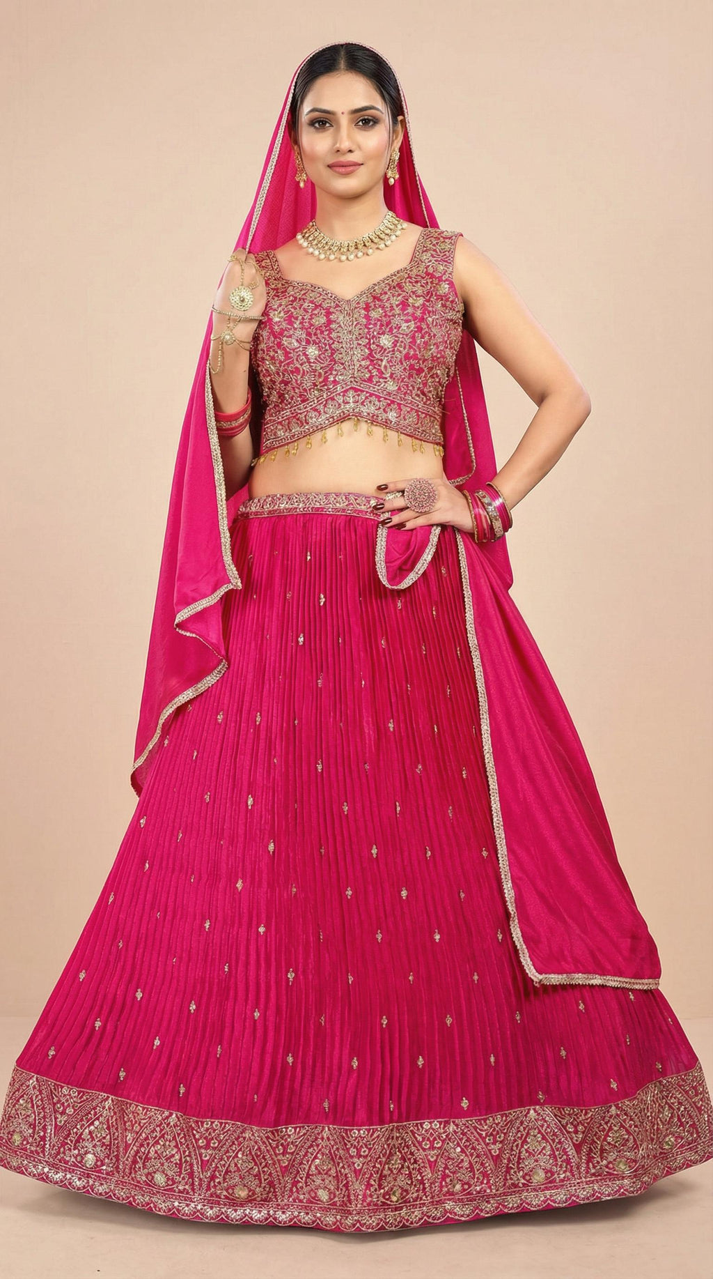 Rani Pink Pleated Georgette Embroidered Lehenga Set