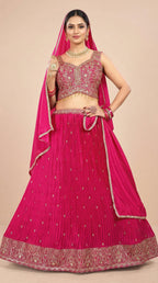 Rani Pink Pleated Georgette Embroidered Lehenga Set