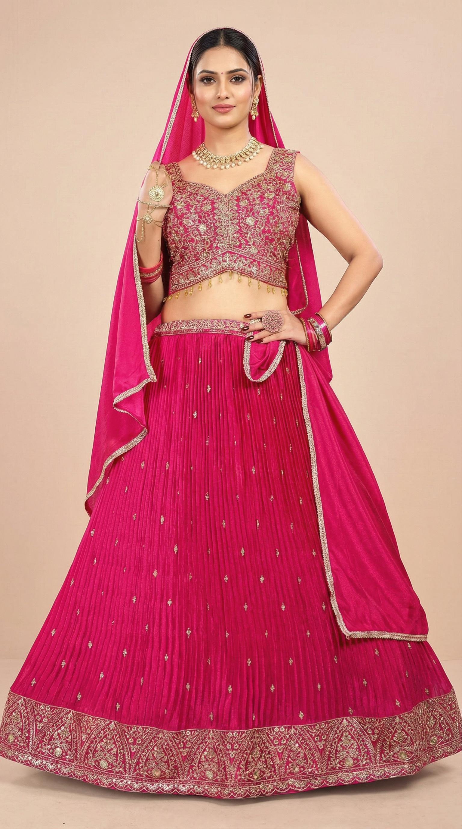 Rani Pink Pleated Georgette Embroidered Lehenga Set