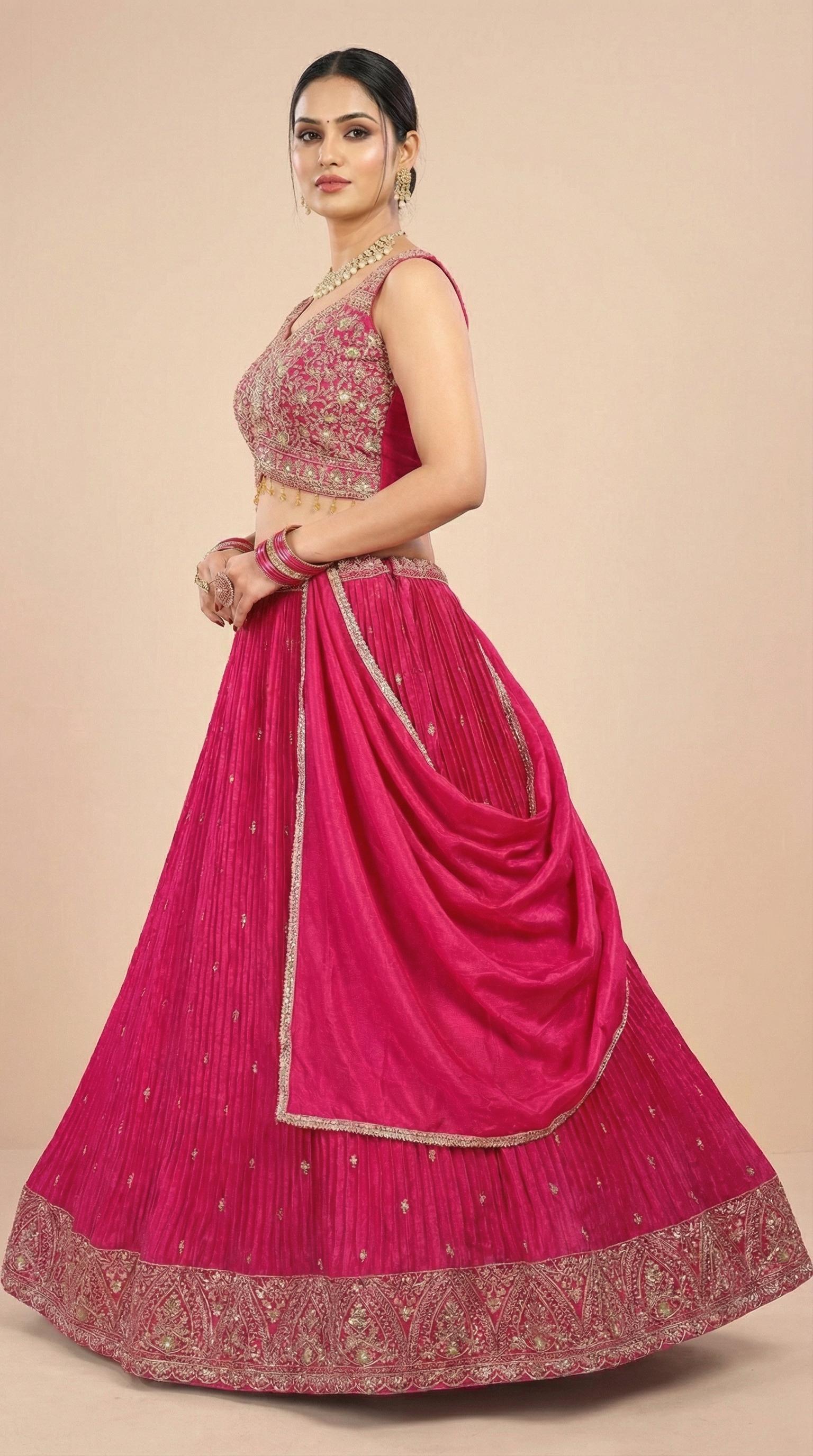 Rani Pink Pleated Georgette Embroidered Lehenga Set