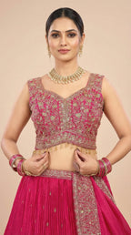 Rani Pink Pleated Georgette Embroidered Lehenga Set