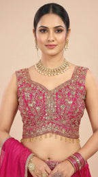 Rani Pink Pleated Georgette Embroidered Lehenga Set