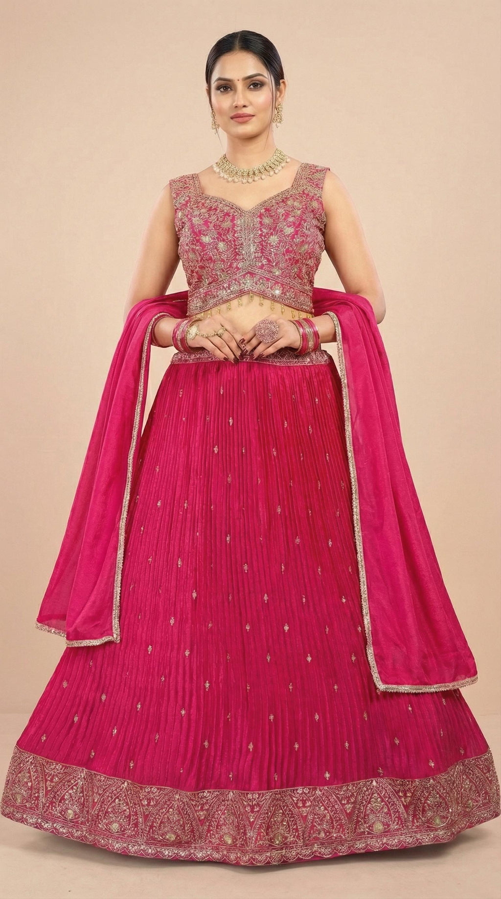 Rani Pink Pleated Georgette Embroidered Lehenga Set