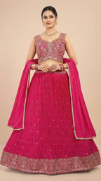 Rani Pink Pleated Georgette Embroidered Lehenga Set