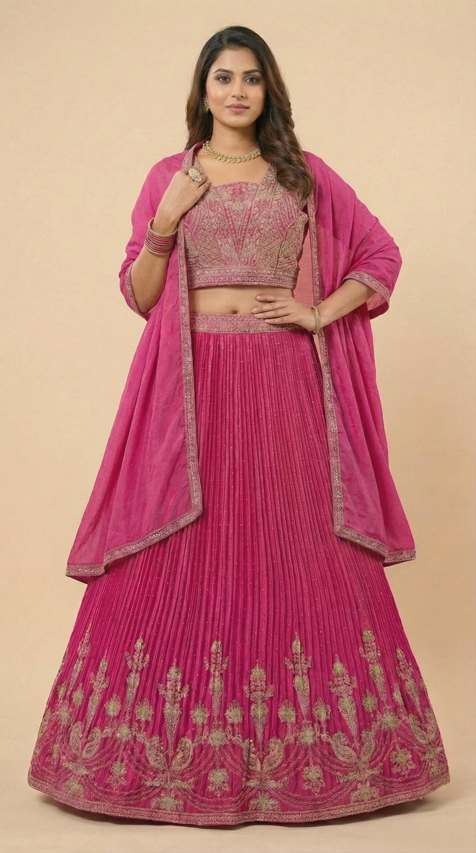 Rani Pink Pleated Georgette Embroidered Lehenga Choli Set