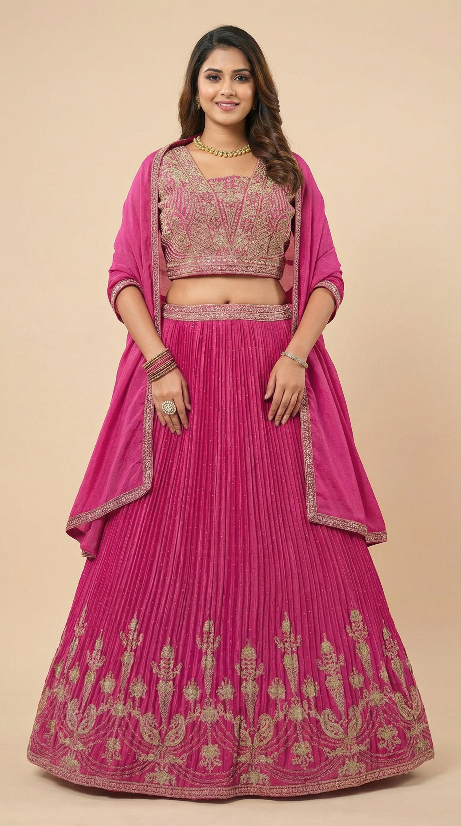 Rani Pink Pleated Georgette Embroidered Lehenga Choli Set