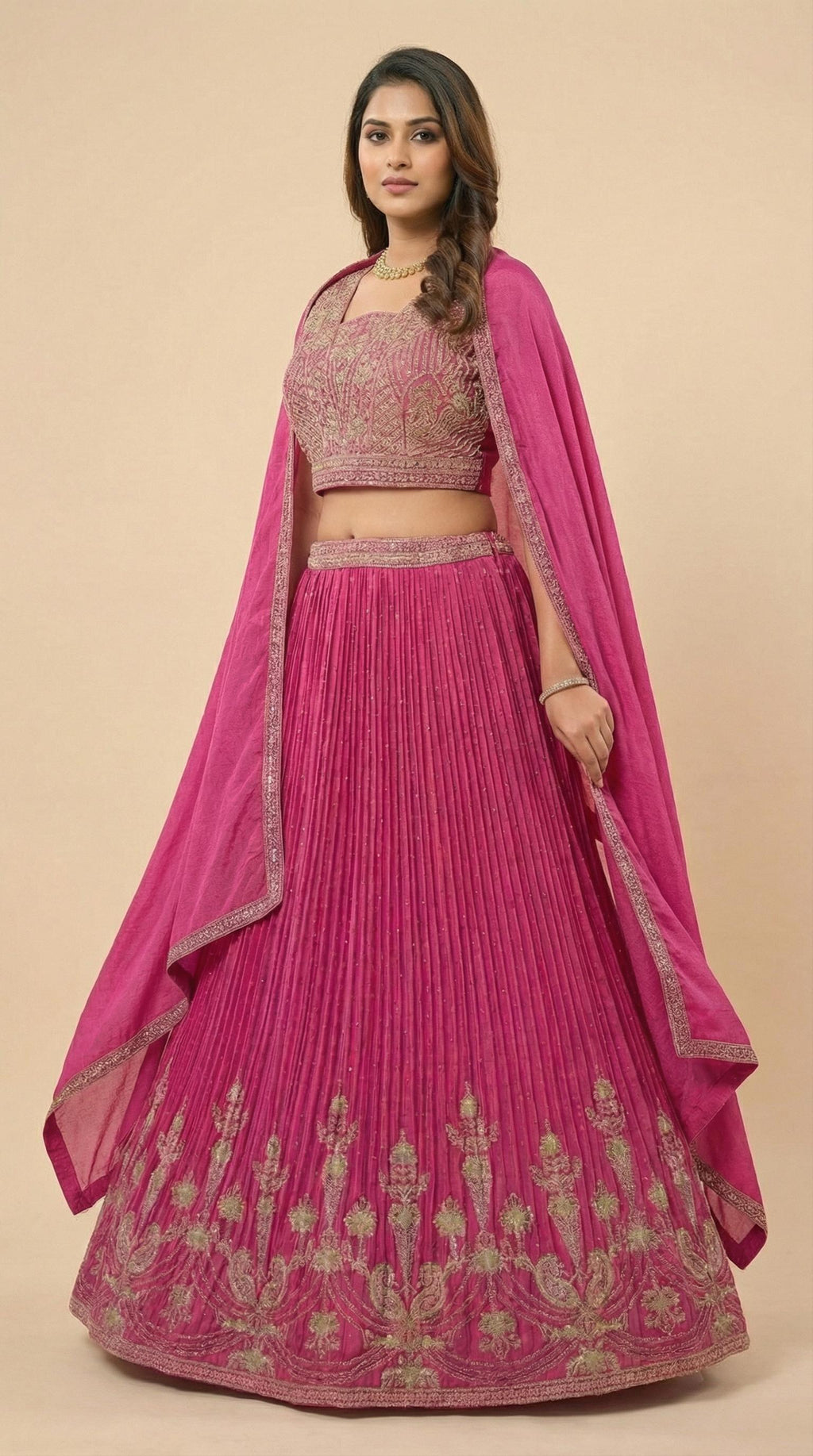 Rani Pink Pleated Georgette Embroidered Lehenga Choli Set