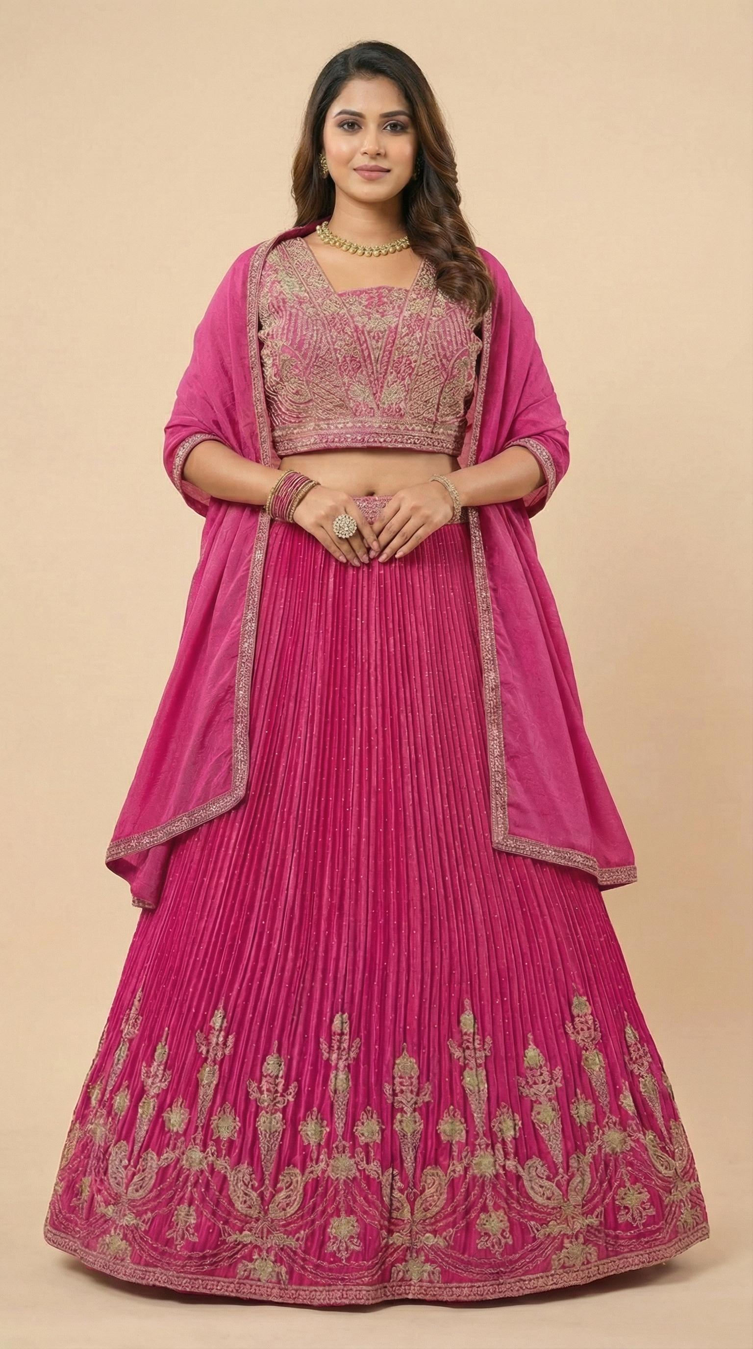 Rani Pink Pleated Georgette Embroidered Lehenga Choli Set