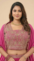 Rani Pink Pleated Georgette Embroidered Lehenga Choli Set