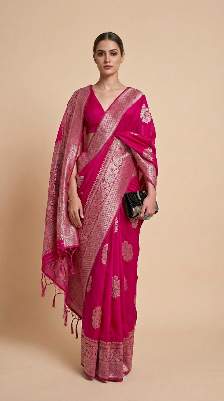Radiant Magenta Korsa Georgette Khaddi Saree