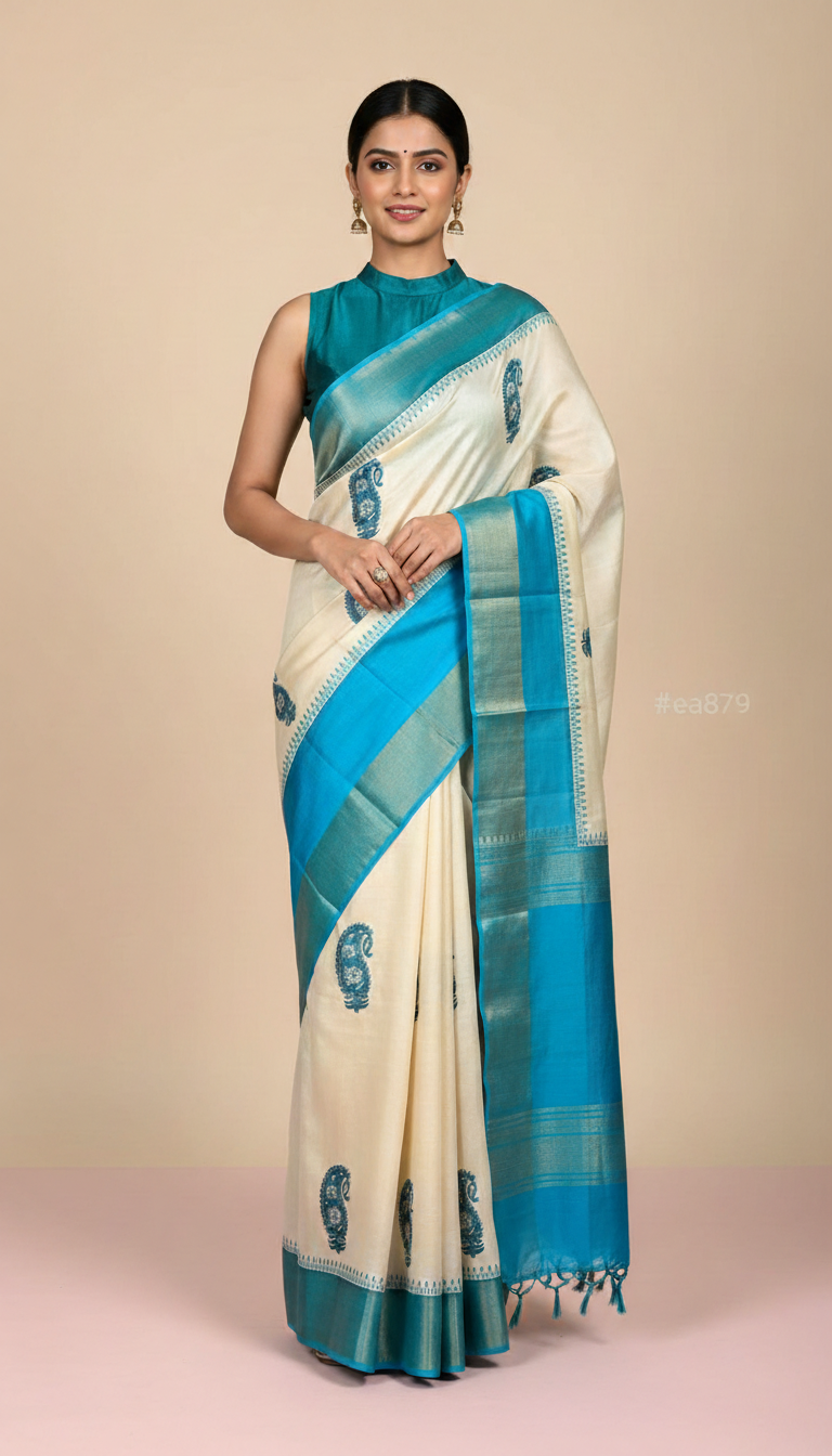 Bhagalpuri Tussar Silk Saree with Blue Paisley Motifs