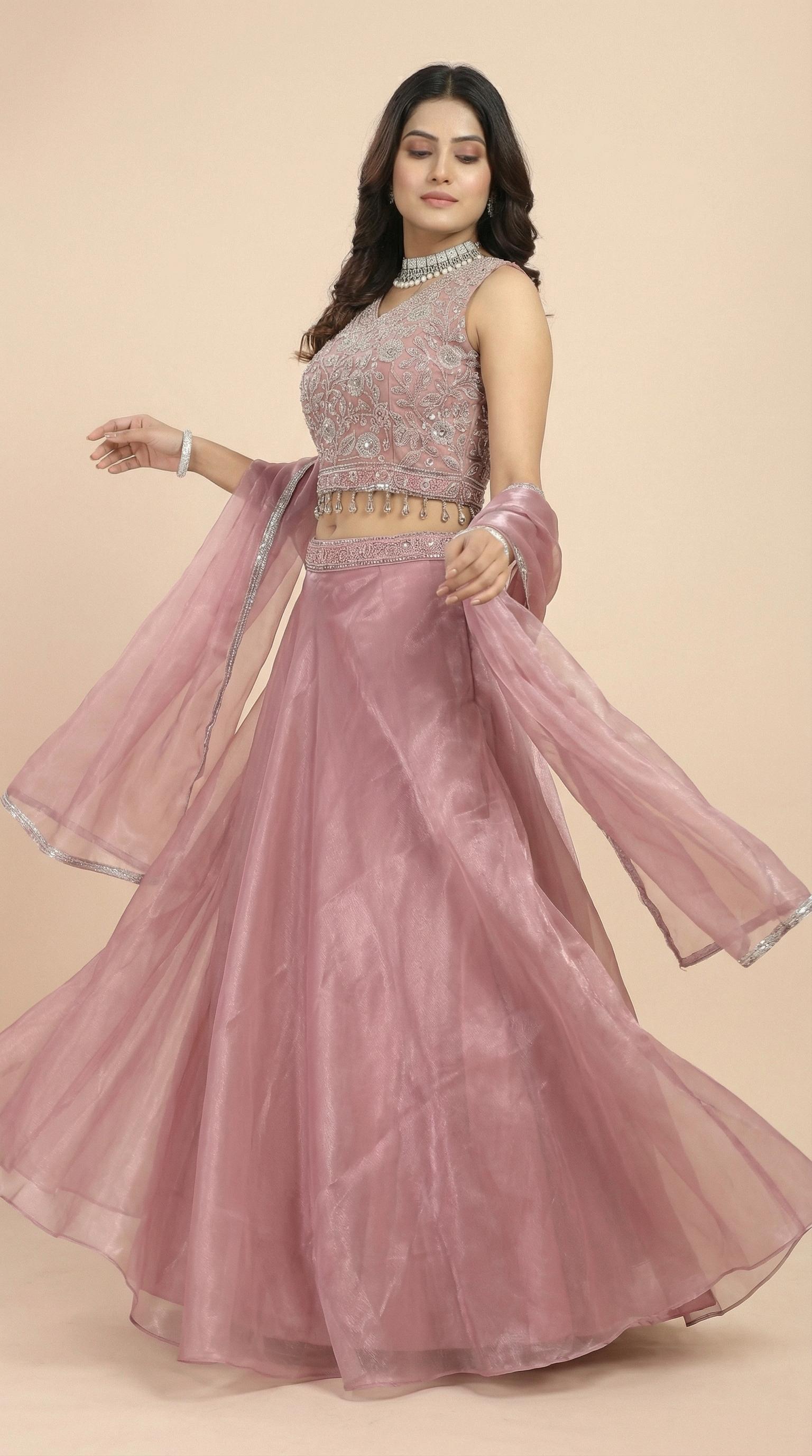 Dusty Rose Organza Embroidered Lehenga Choli Set