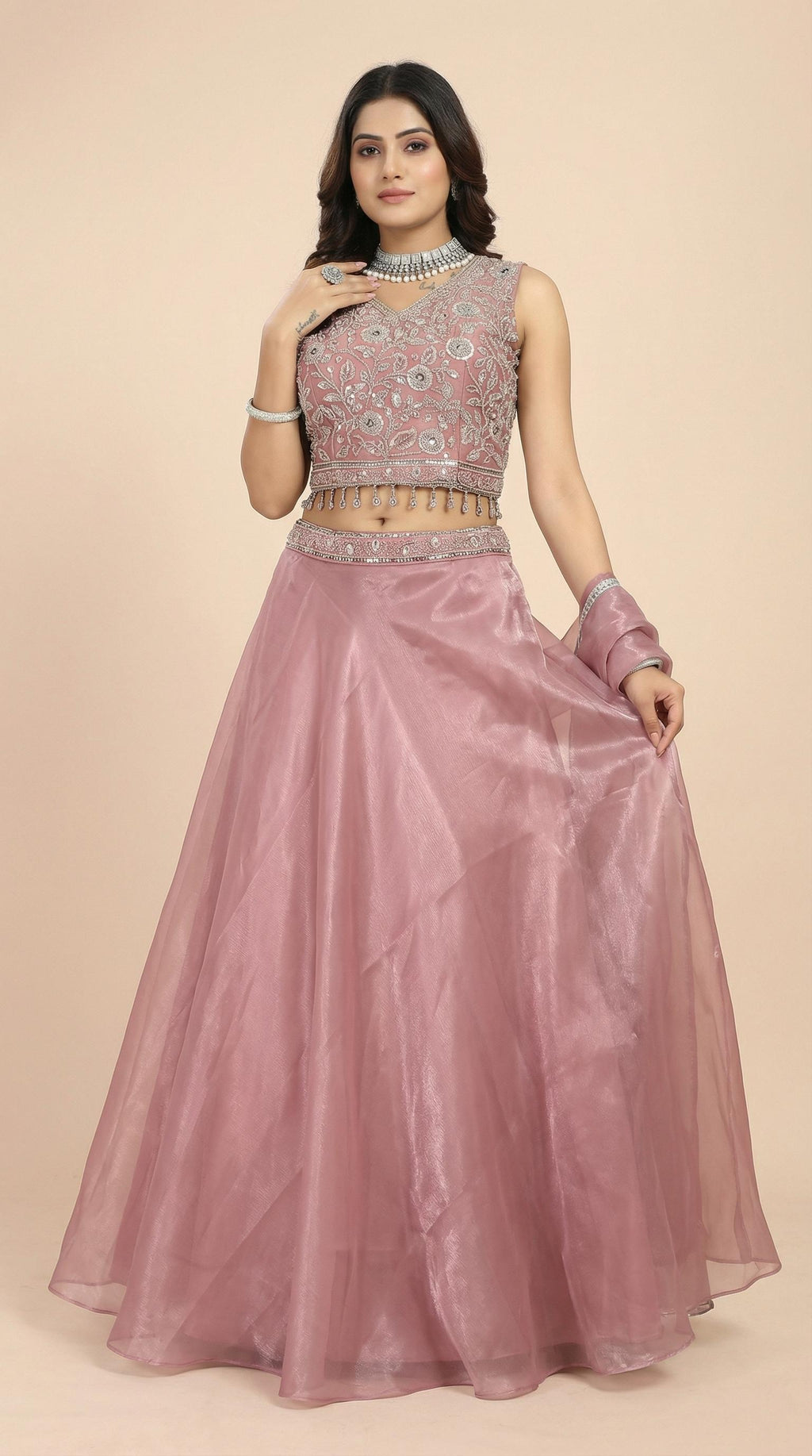 Dusty Rose Organza Embroidered Lehenga Choli Set