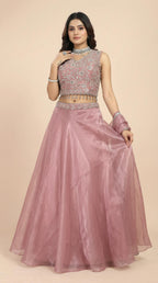 Dusty Rose Organza Embroidered Lehenga Choli Set
