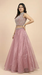 Dusty Rose Organza Embroidered Lehenga Choli Set