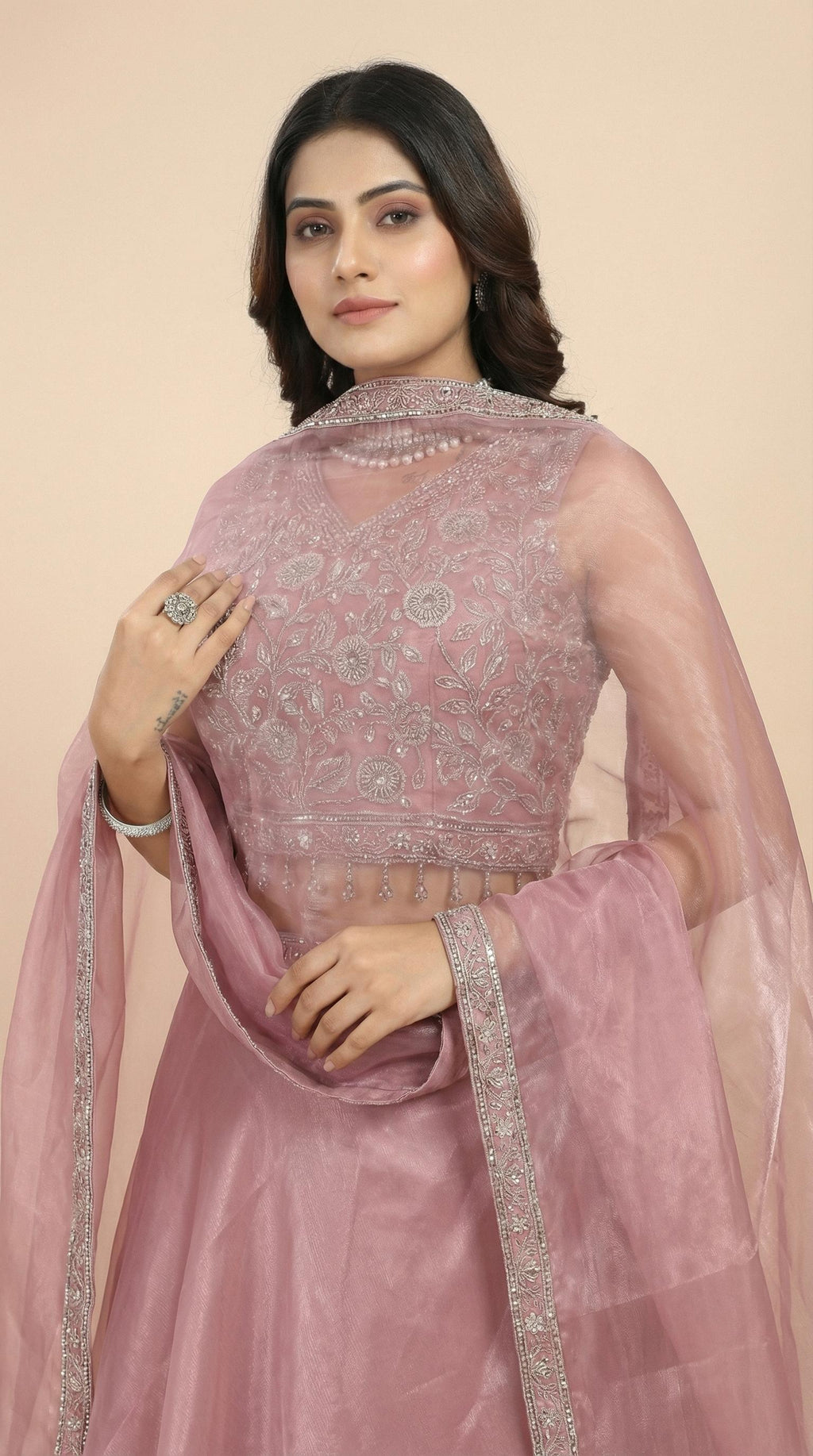 Dusty Rose Organza Embroidered Lehenga Choli Set