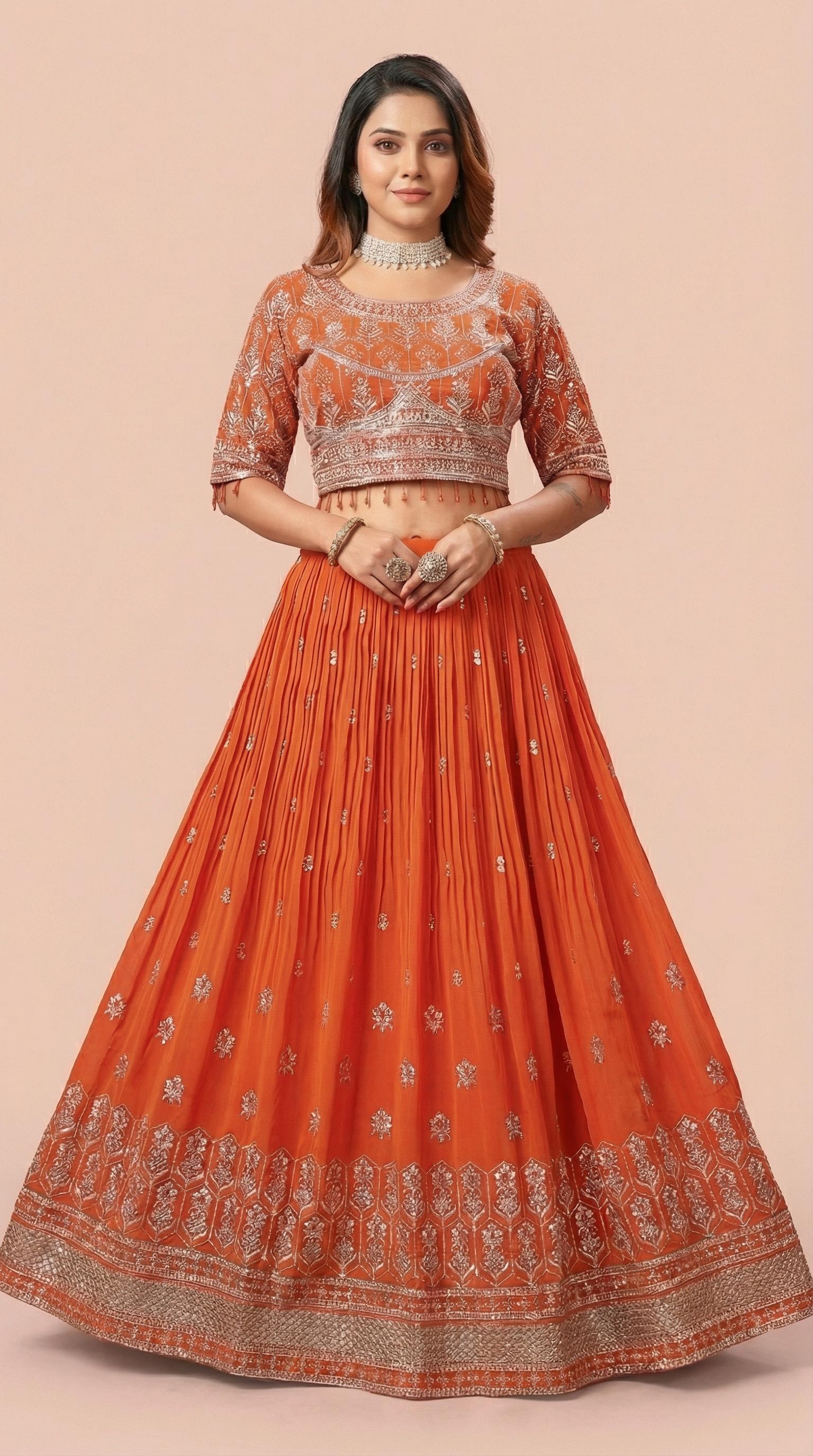 Rust Orange Silver Embroidered Lehenga Choli Set