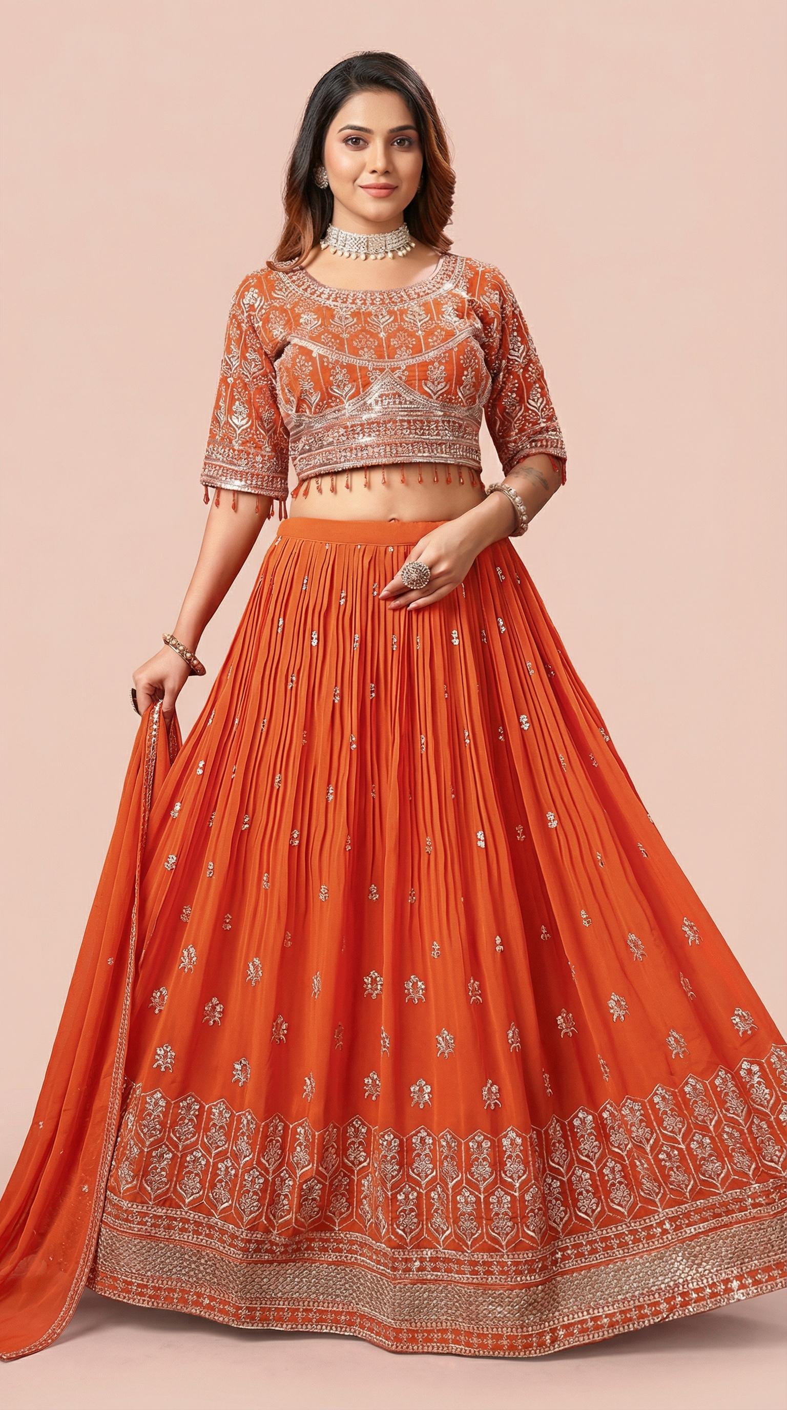 Rust Orange Silver Embroidered Lehenga Choli Set