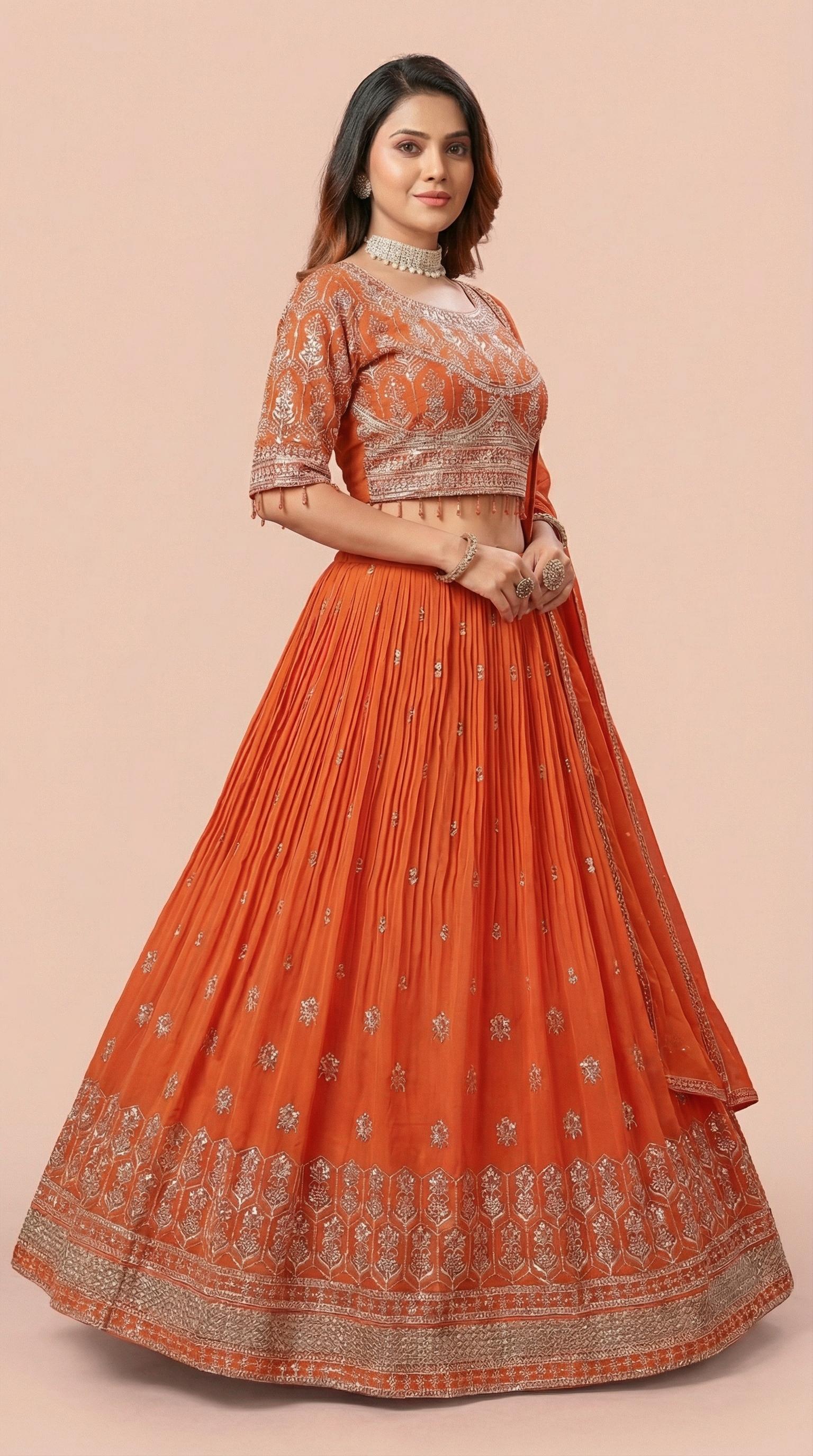 Rust Orange Silver Embroidered Lehenga Choli Set
