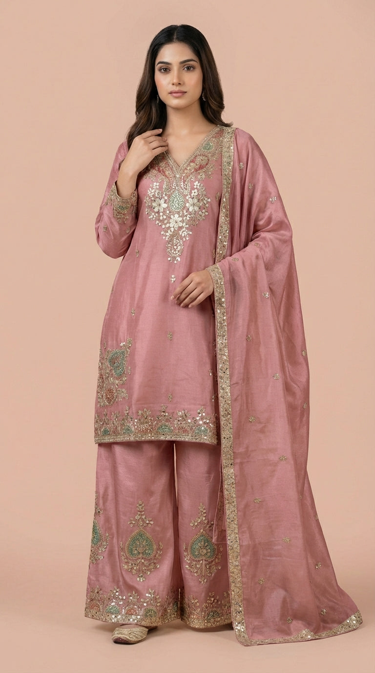 Dusky Rose Silk Embroidered Readymade Suit Set