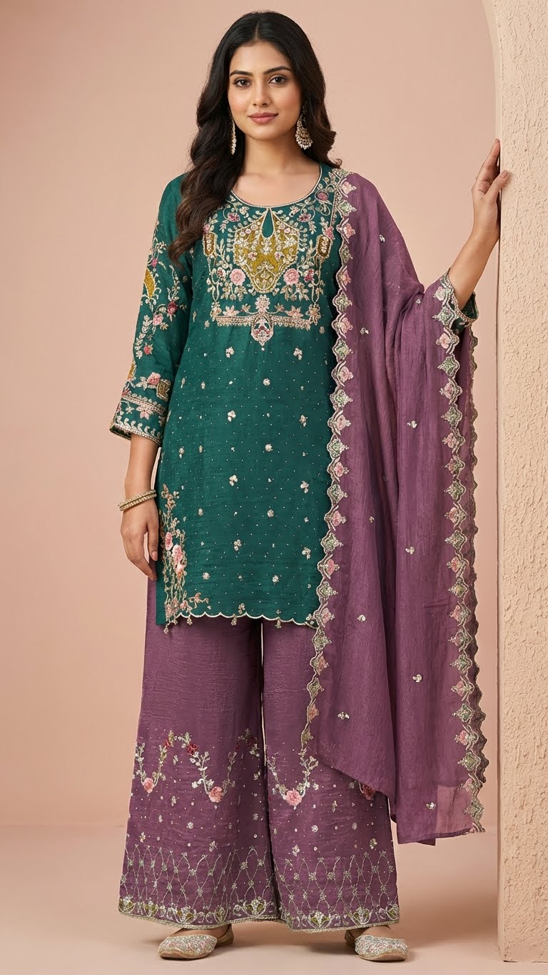 Deep Teal and Mauve Crunchy Silk Khatli Work Suit Set