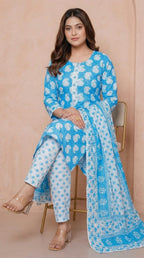 Ensemble Kurta en Coton Imprimé Floral Bleu Ciel avec Dupatta