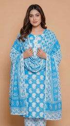 Ensemble Kurta en Coton Imprimé Floral Bleu Ciel avec Dupatta