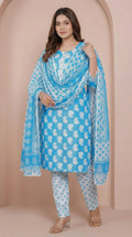 Ensemble Kurta en Coton Imprimé Floral Bleu Ciel avec Dupatta
