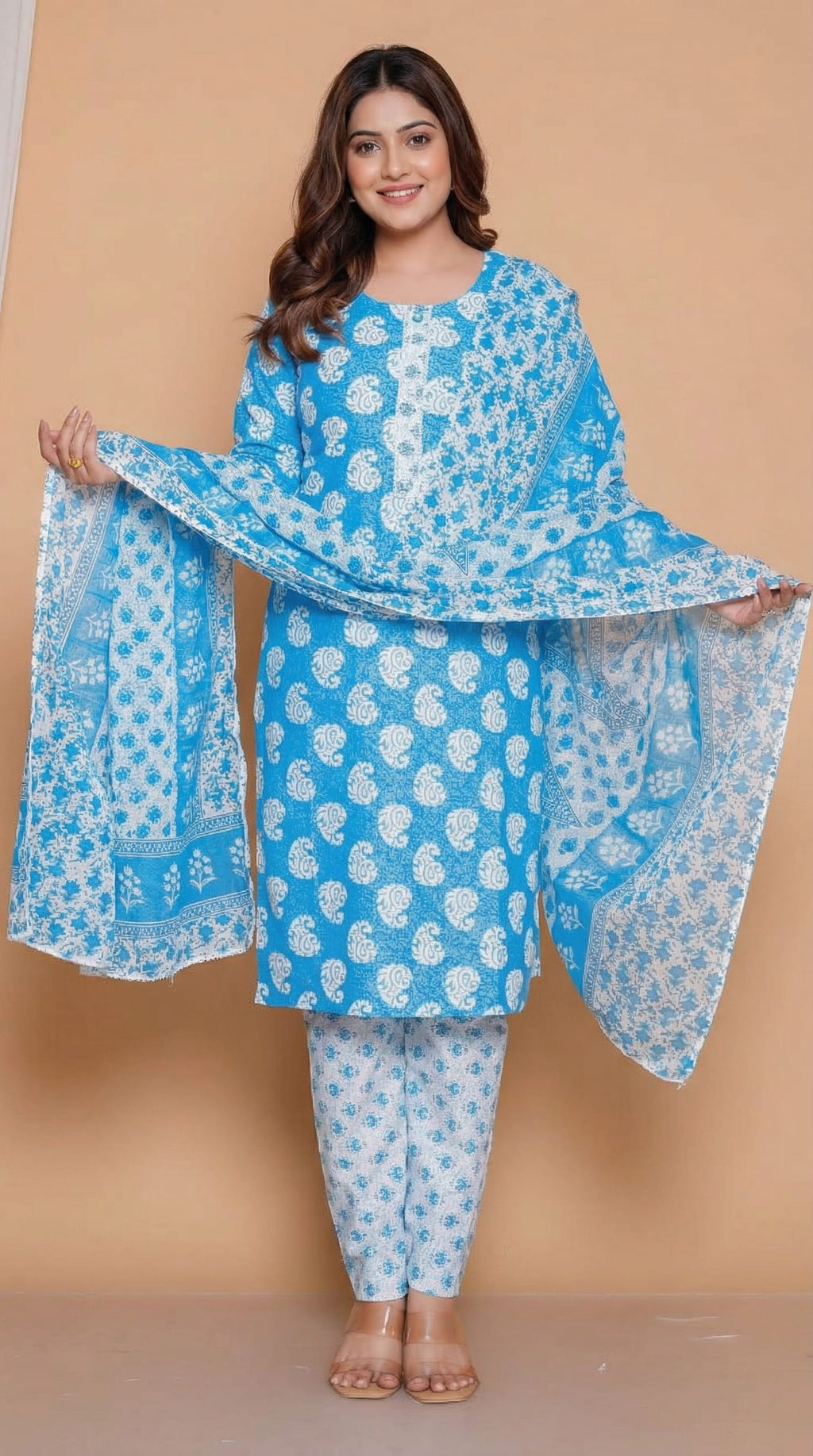 Ensemble Kurta en Coton Imprimé Floral Bleu Ciel avec Dupatta
