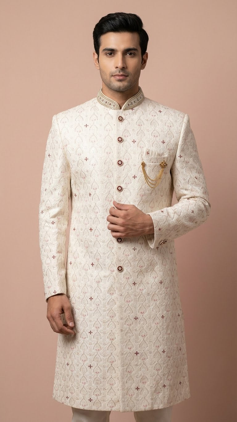 Cream Embroidered Sherwani with Stone Accents and Chain Brooch