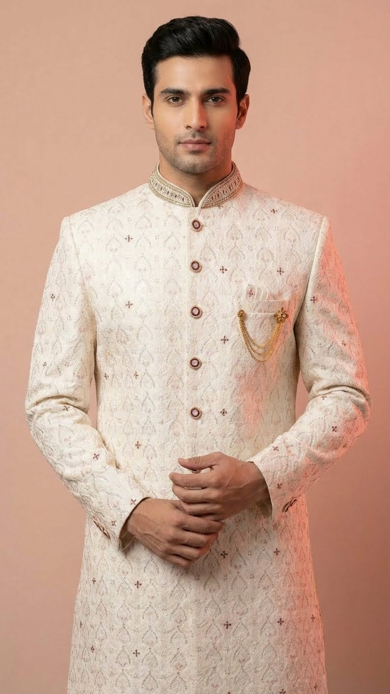 Cream Embroidered Sherwani with Stone Accents and Chain Brooch