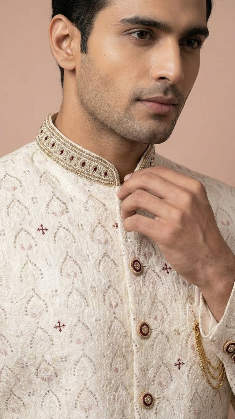 Cream Embroidered Sherwani with Stone Accents and Chain Brooch