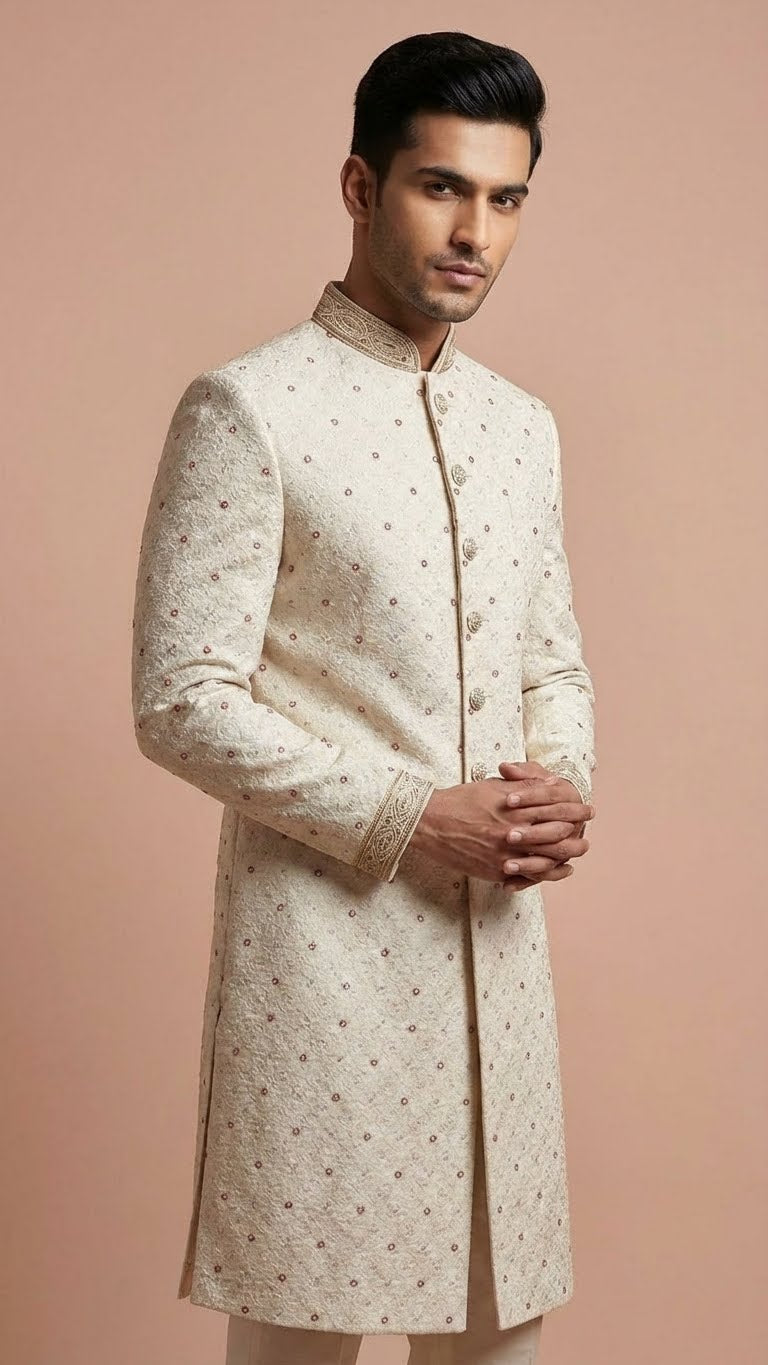 Off-White Self-Embroidered Luxury Sherwani