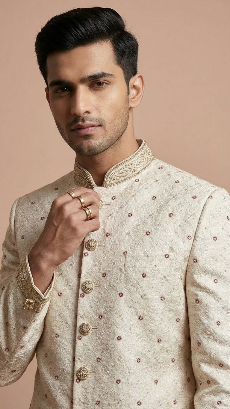 Off-White Self-Embroidered Luxury Sherwani